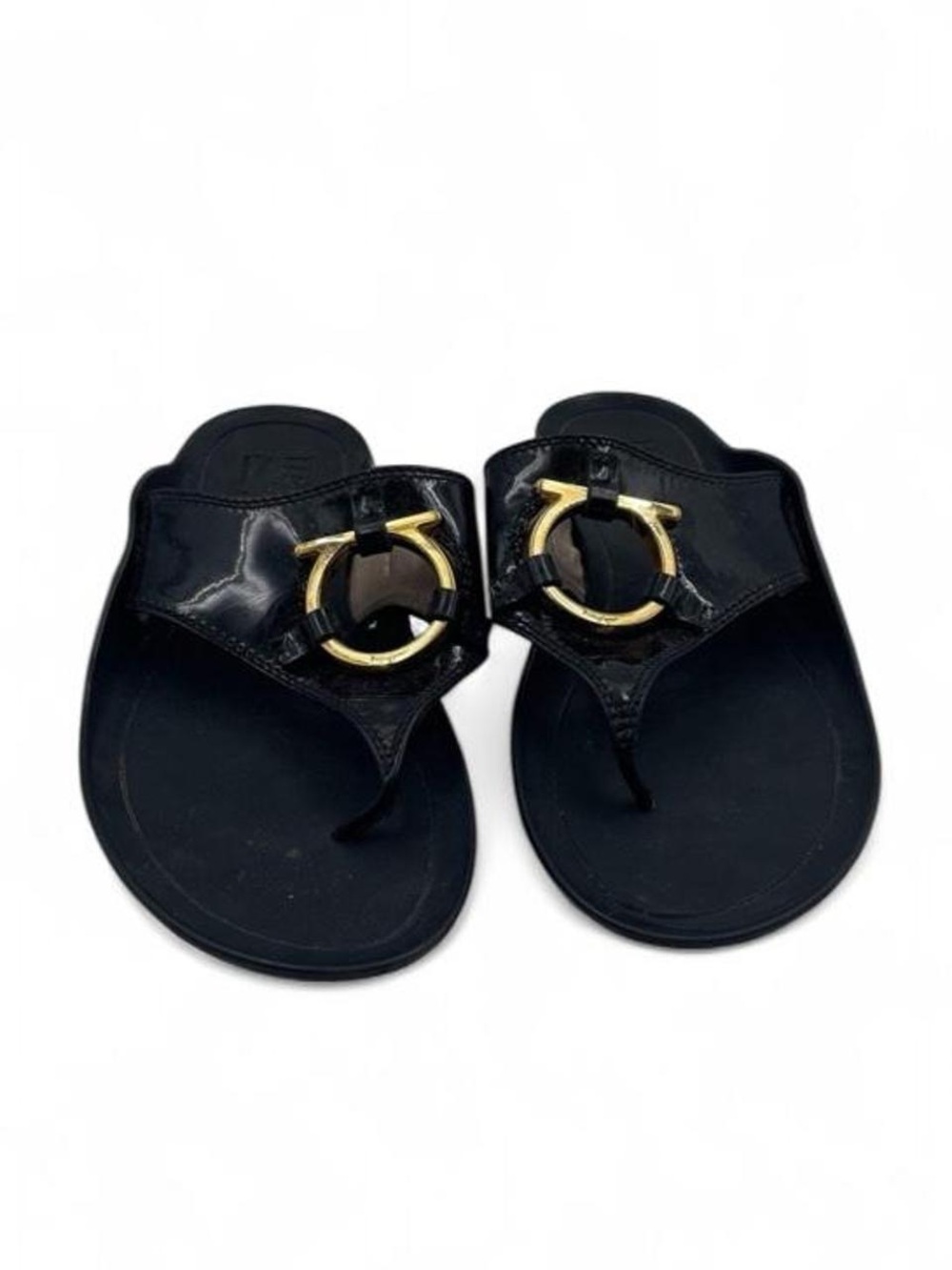 Salvatore Ferragamo Black Patent Leather Thong flip flop Sandals with Gold